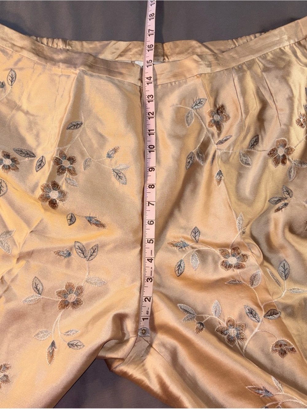 Talbots Silk Embroidered Trouser Pants Sz 22W Champagne Gold Blue Flowers Spring - Picture 11 of 13